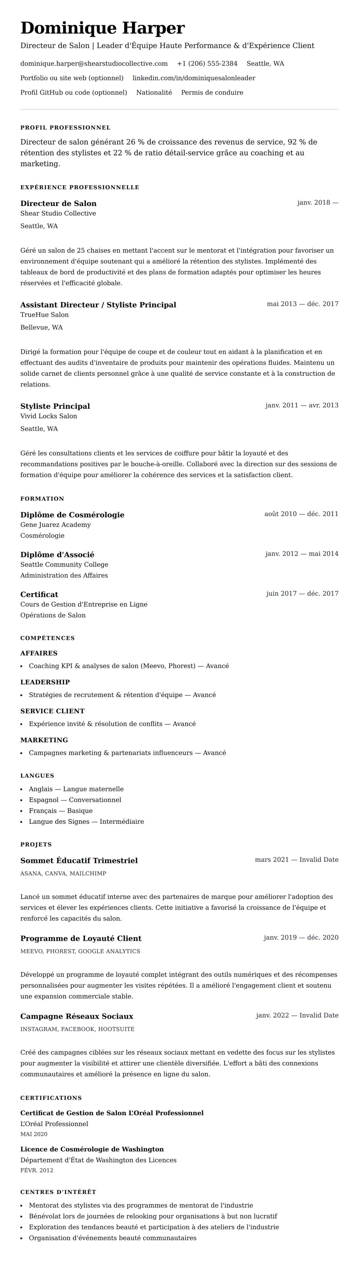 Aperçu du CV Exemple de CV de Directeur de Salon