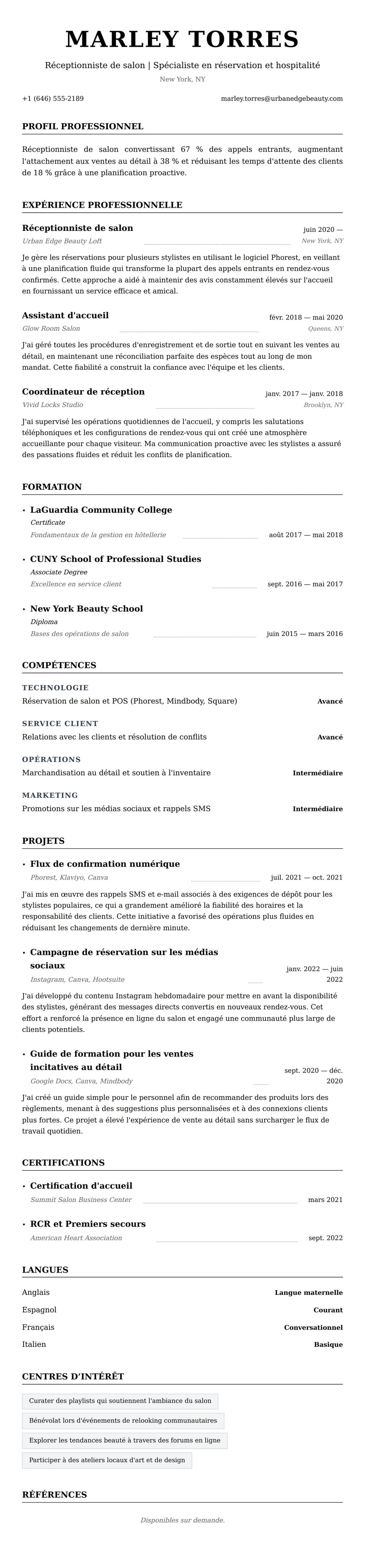 Aperçu du CV Exemple de CV de réceptionniste de salon
