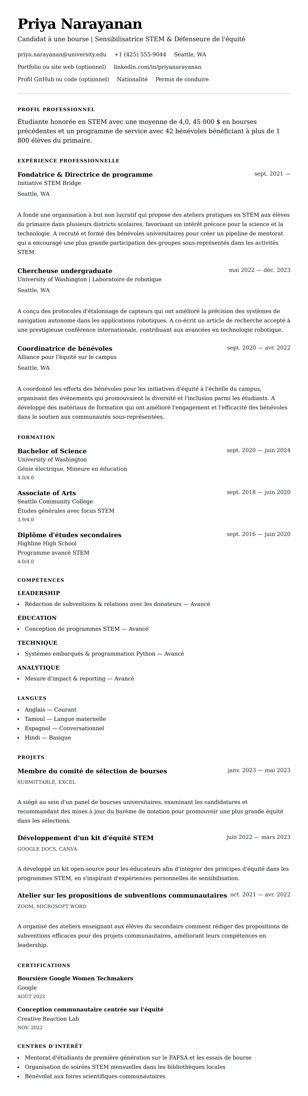 Aperçu du CV Exemple de CV pour bourse