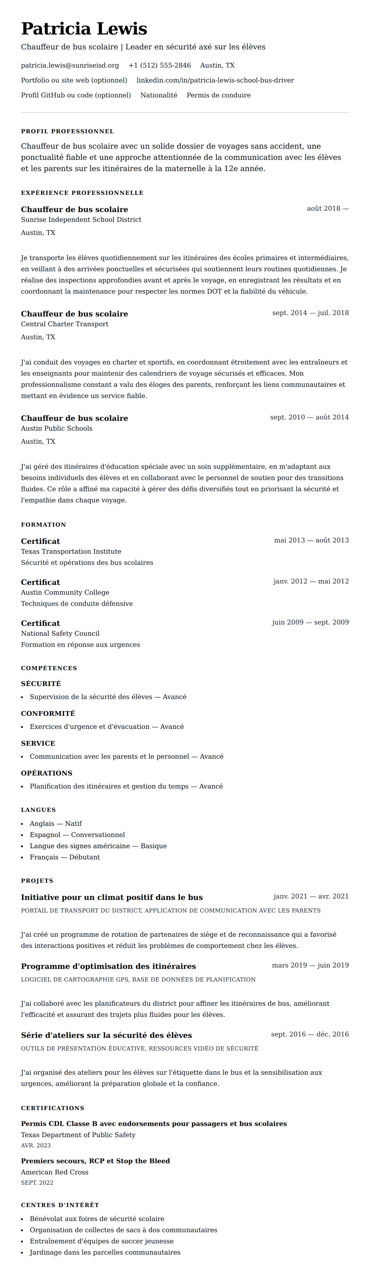 Aperçu du CV Exemple de CV pour chauffeur de bus scolaire