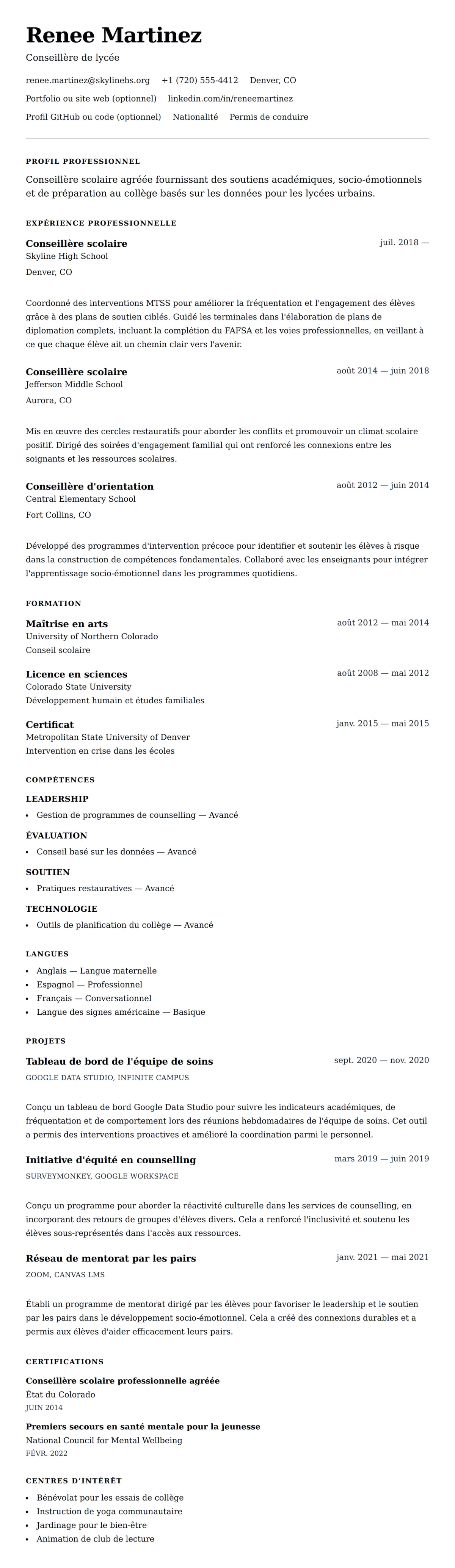 Aperçu du CV Exemple de CV de conseiller scolaire