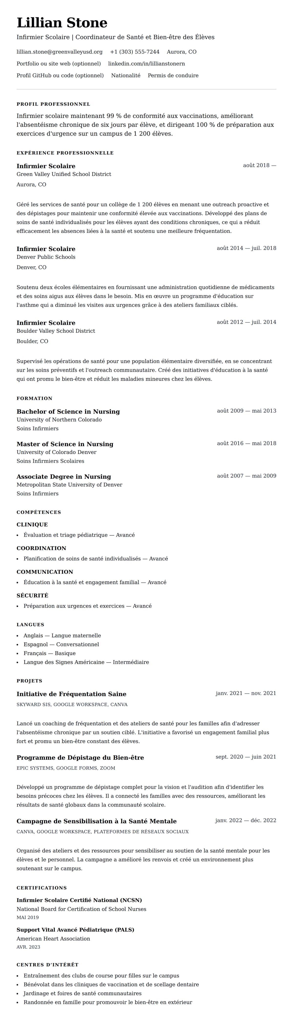 Aperçu du CV Exemple de CV d'Infirmier Scolaire