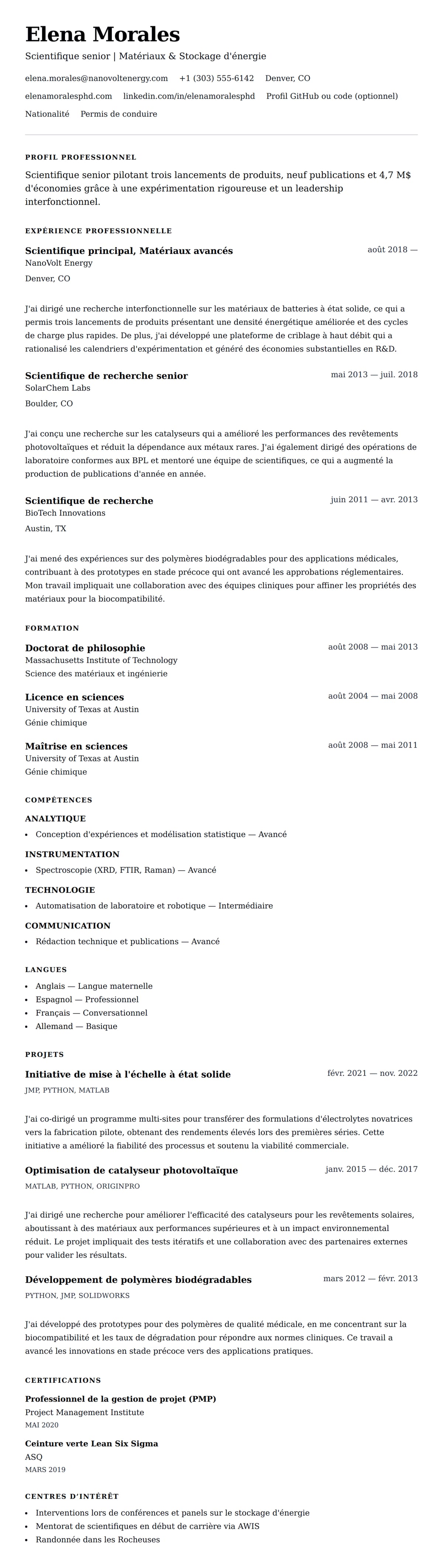 Aperçu du CV Exemple de CV de Scientifique