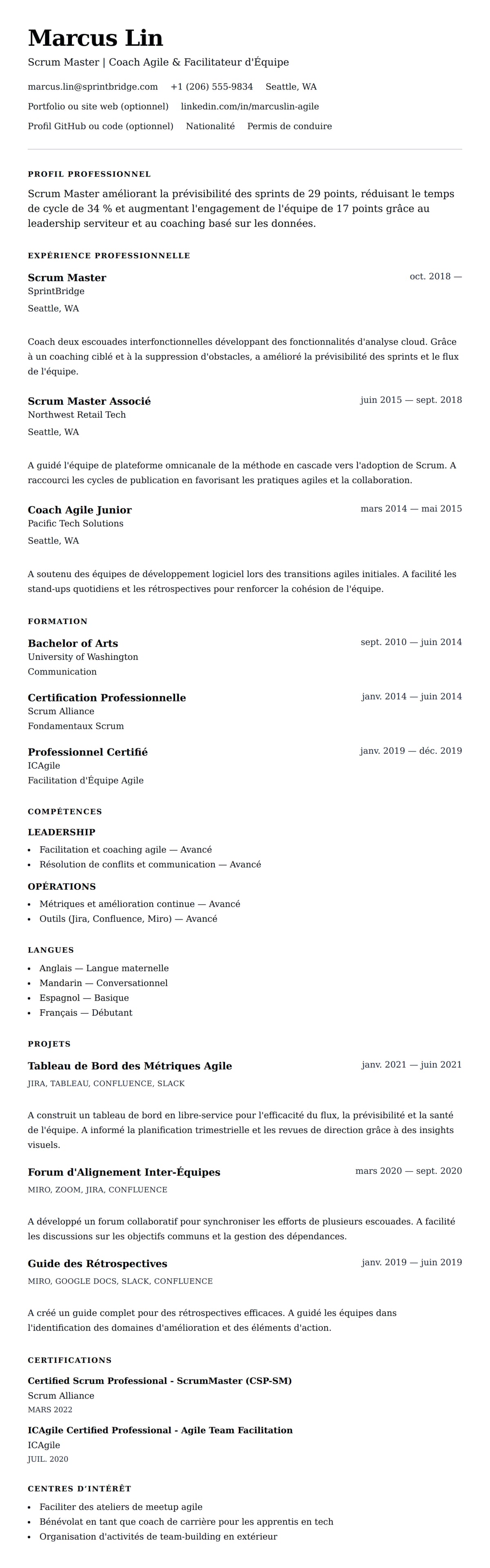 Aperçu du CV Exemple de CV Scrum Master