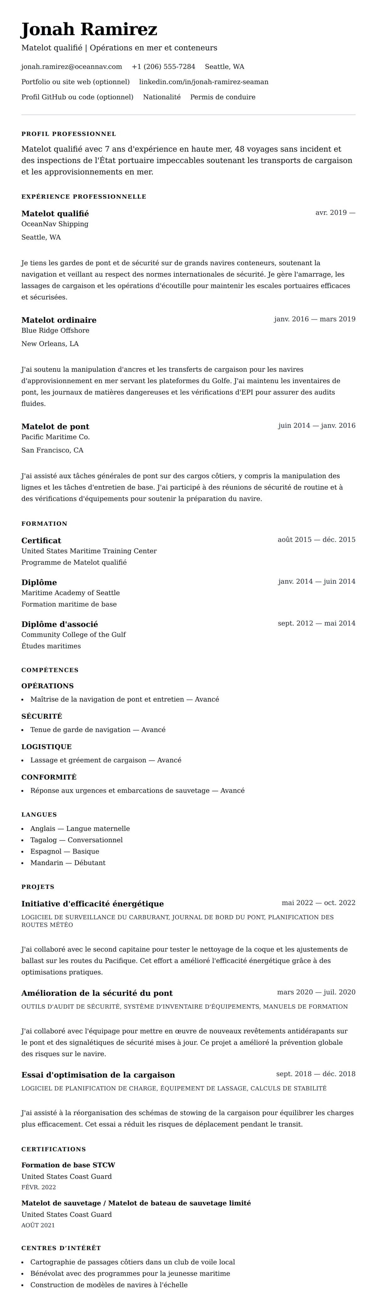 Aperçu du CV Exemple de CV de Marin