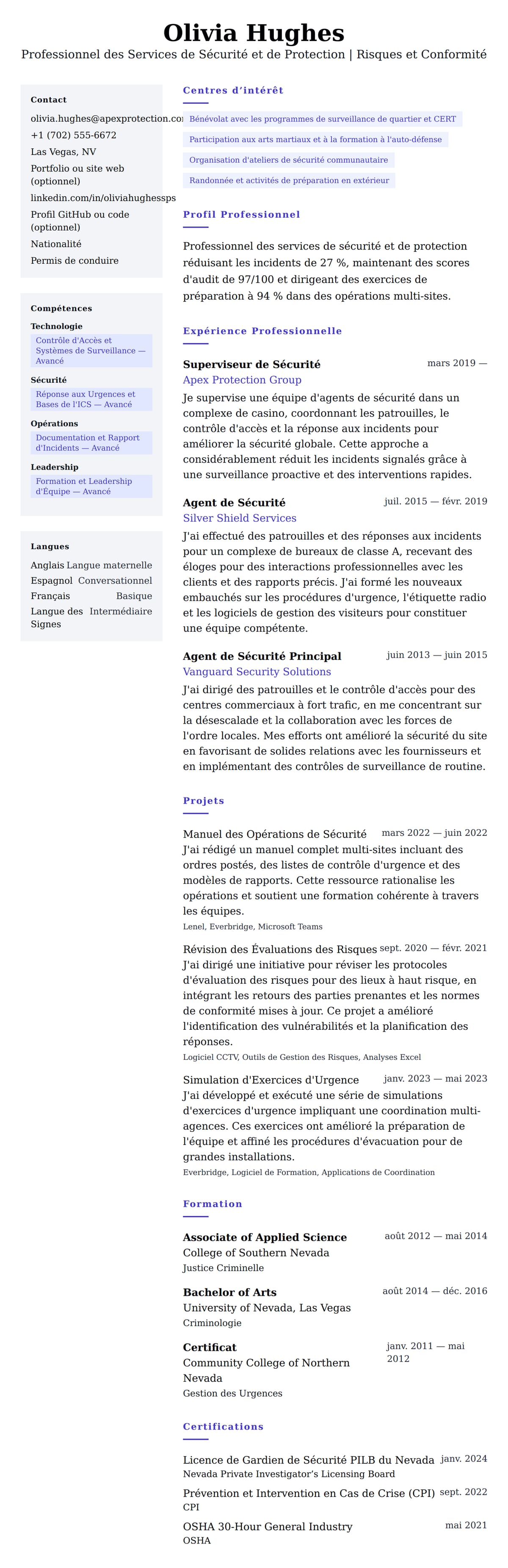 Aperçu du CV Exemple de CV pour Professionnel des Services de Sécurité et de Protection
