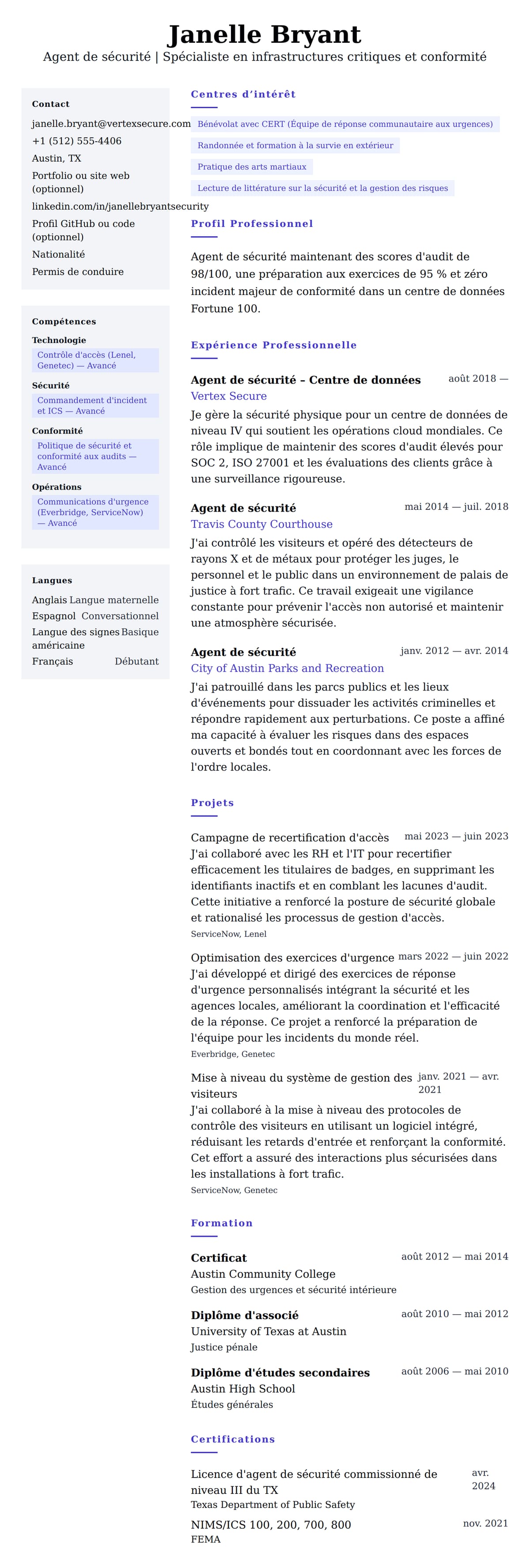 Aperçu du CV Exemple de CV d'agent de sécurité