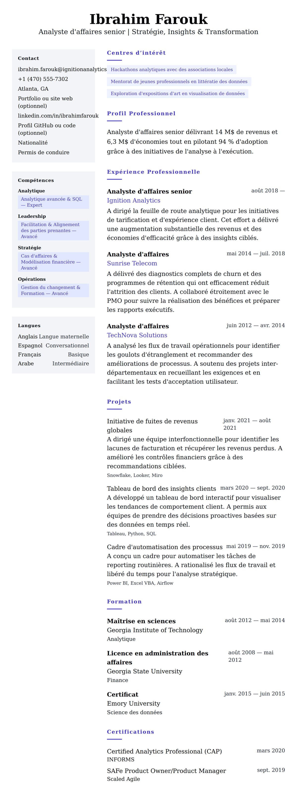 Aperçu du CV Exemple de CV d'Analyste d'affaires senior