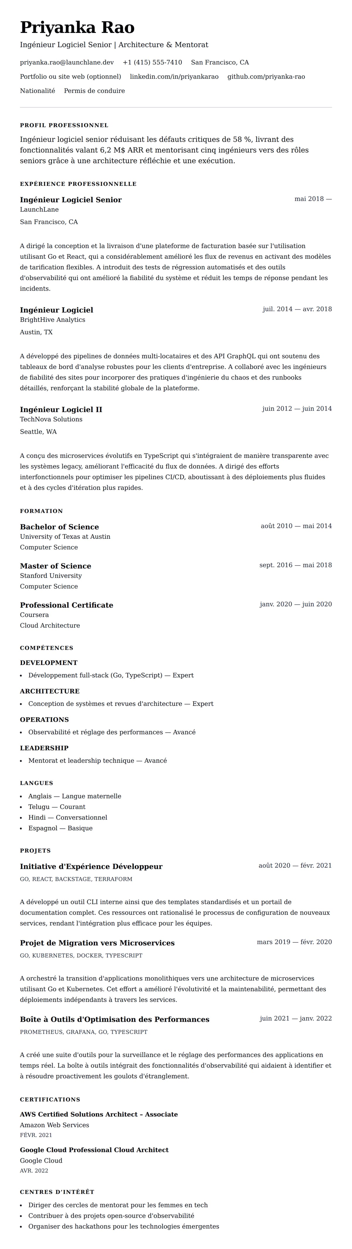 Aperçu du CV Exemple de CV d'Ingénieur Logiciel Senior