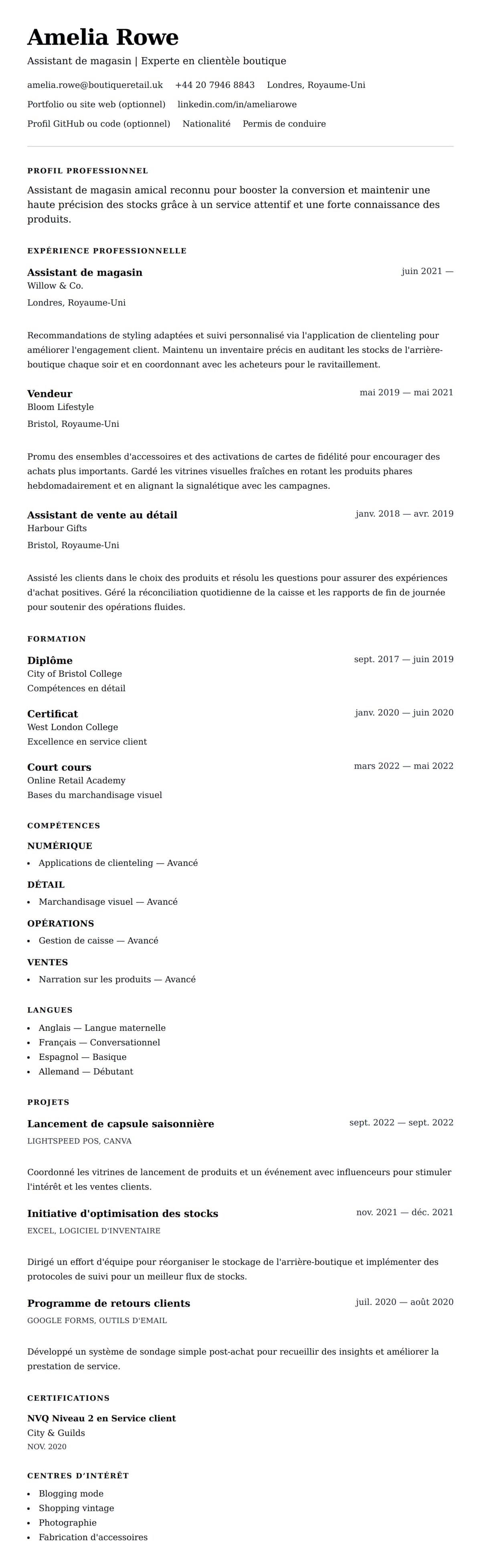 Aperçu du CV Exemple de CV pour Assistant de magasin