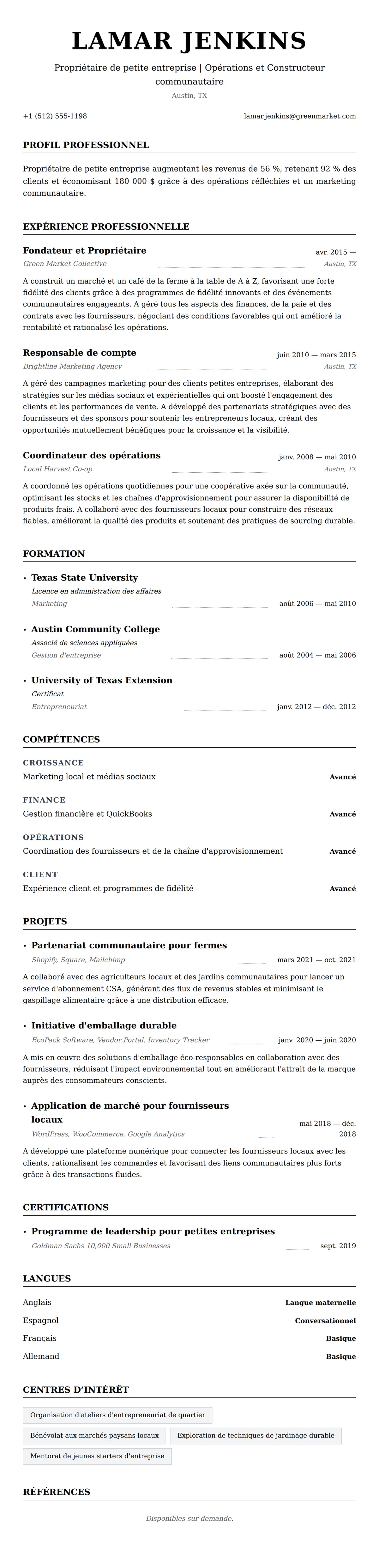 Aperçu du CV Exemple de CV de Propriétaire de Petite Entreprise