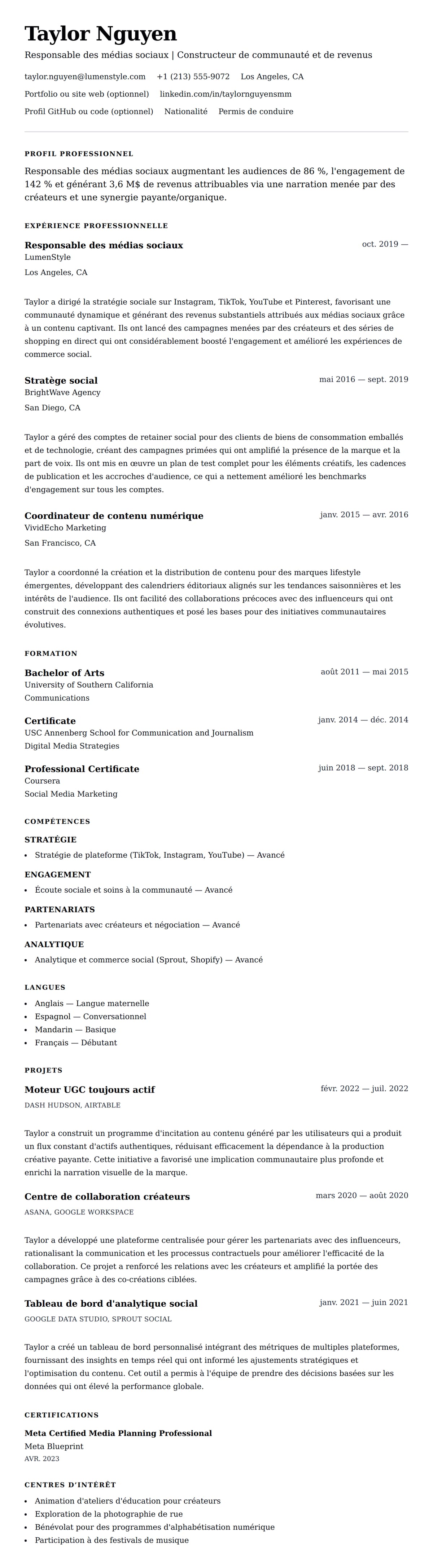 Aperçu du CV Exemple de CV pour Responsable des médias sociaux