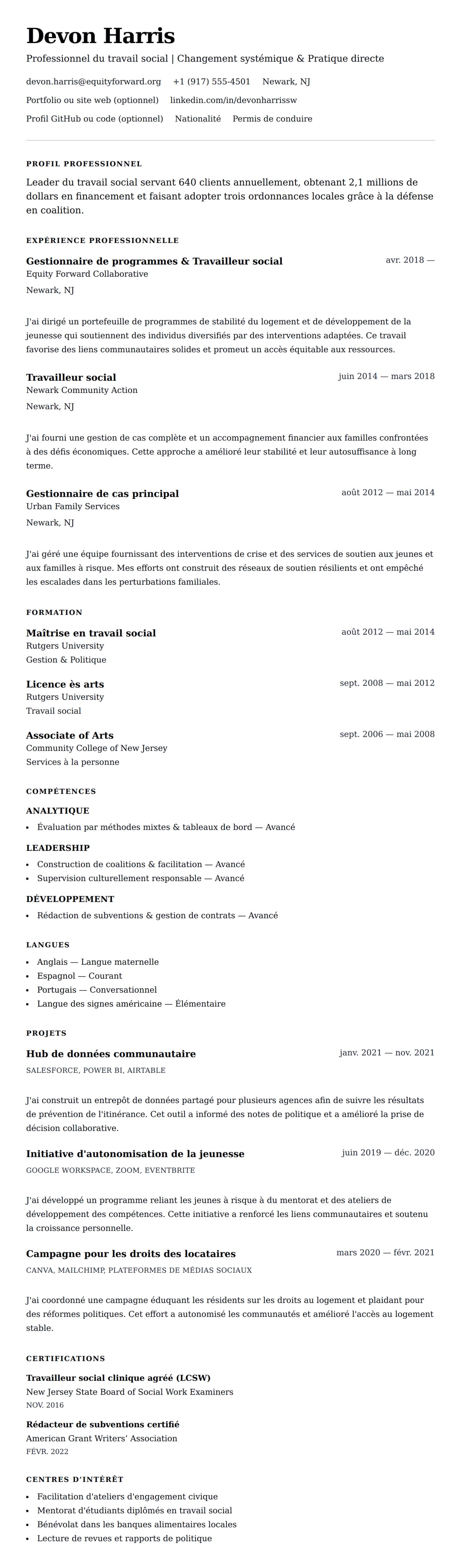 Aperçu du CV Exemple de CV de professionnel du travail social