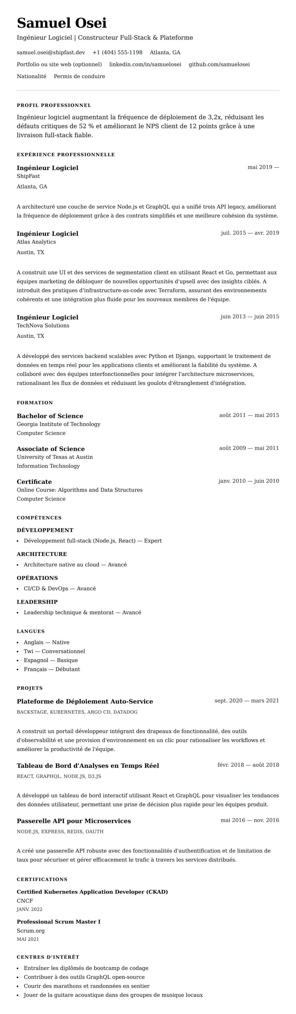 Aperçu du CV Exemple de CV d'Ingénieur Logiciel