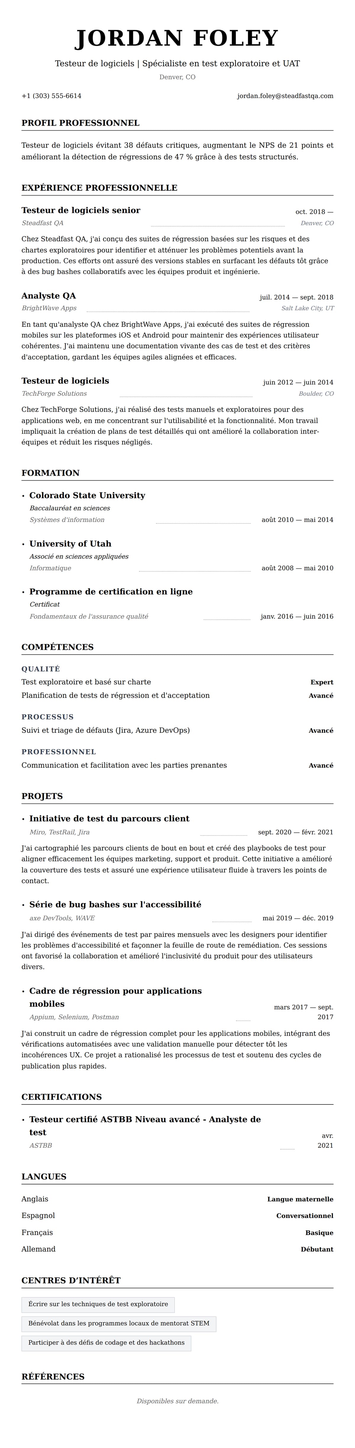 Aperçu du CV Exemple de CV de testeur de logiciels