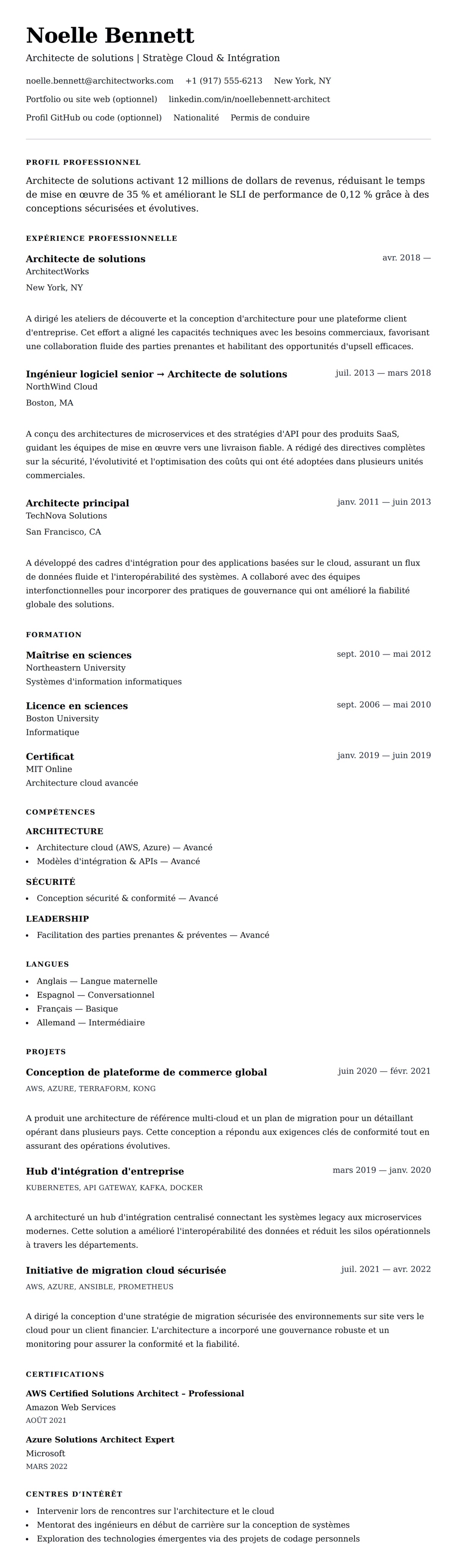 Aperçu du CV Exemple de CV d'Architecte de solutions