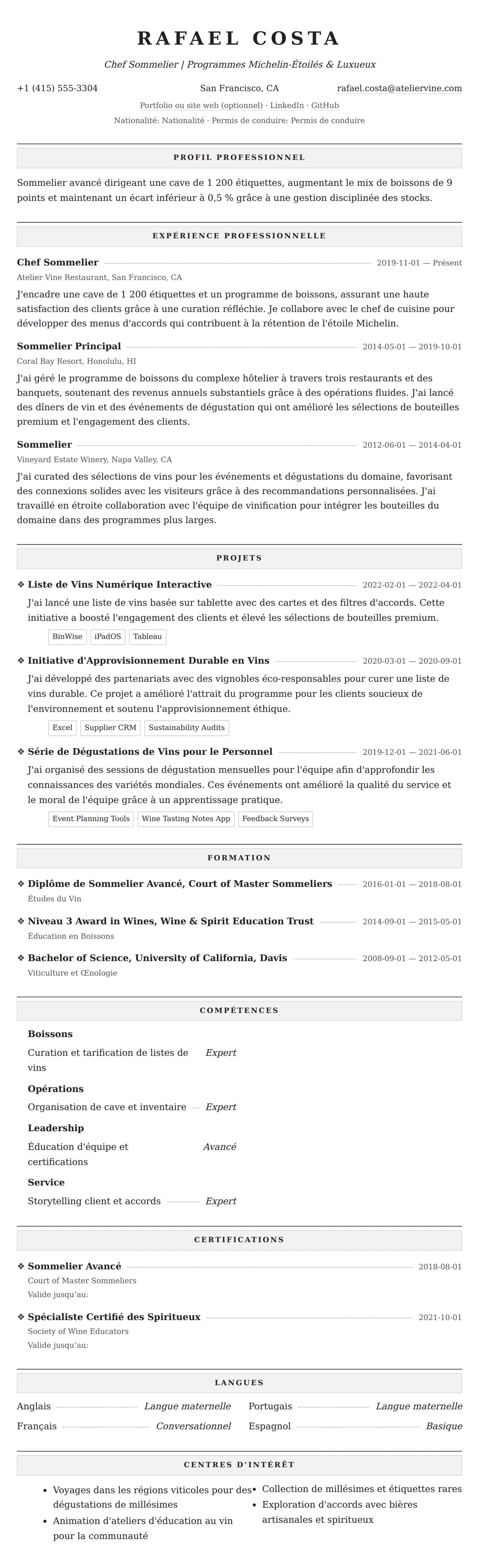 Aperçu du CV Exemple de CV de Sommelier