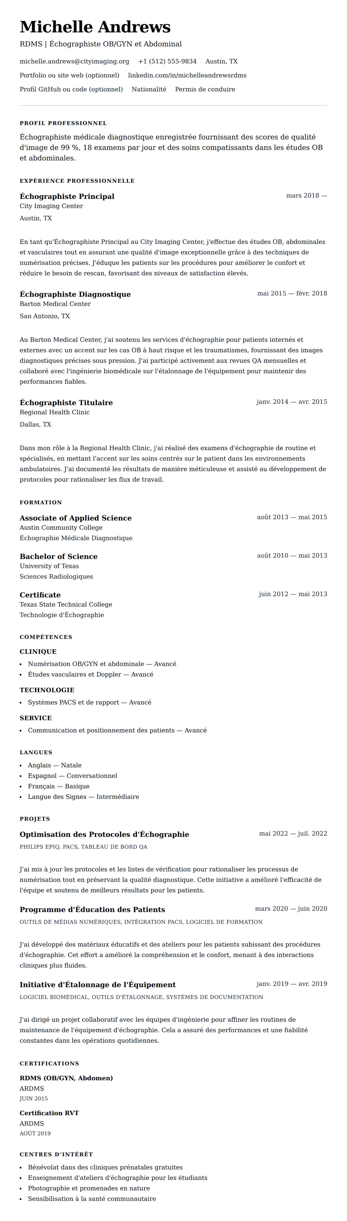 Aperçu du CV Exemple de CV d'Échographiste