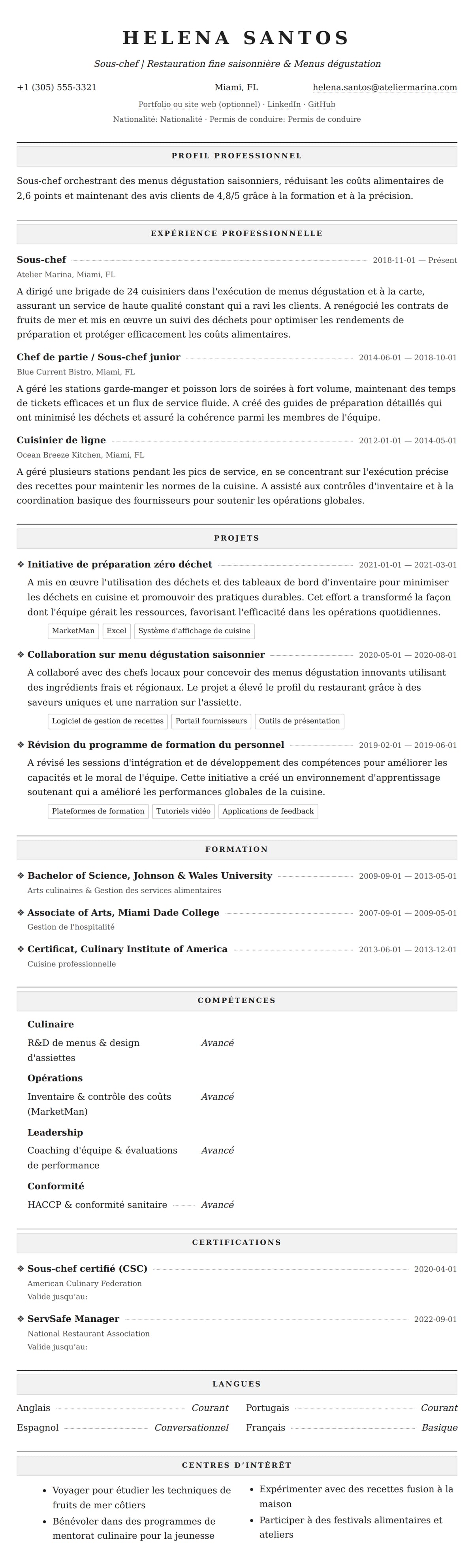Aperçu du CV Exemple de CV de Sous-chef