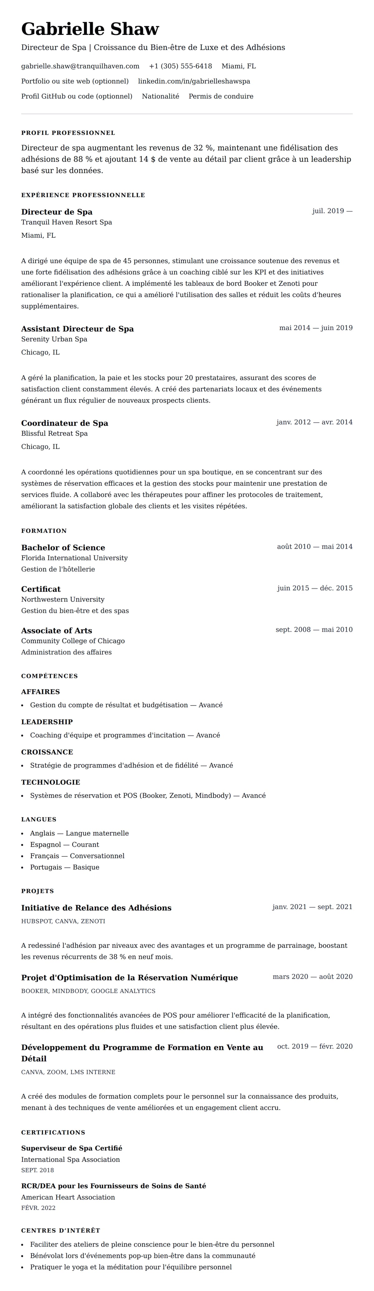Aperçu du CV Exemple de CV de Directeur de Spa