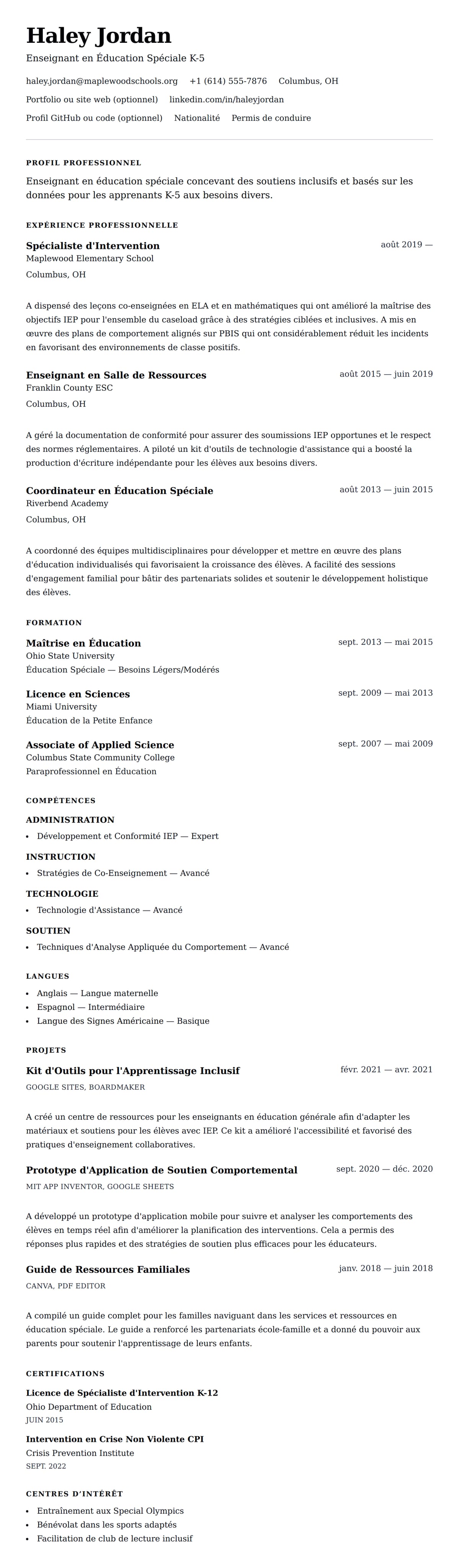 Aperçu du CV Exemple de CV pour Enseignant en Éducation Spéciale