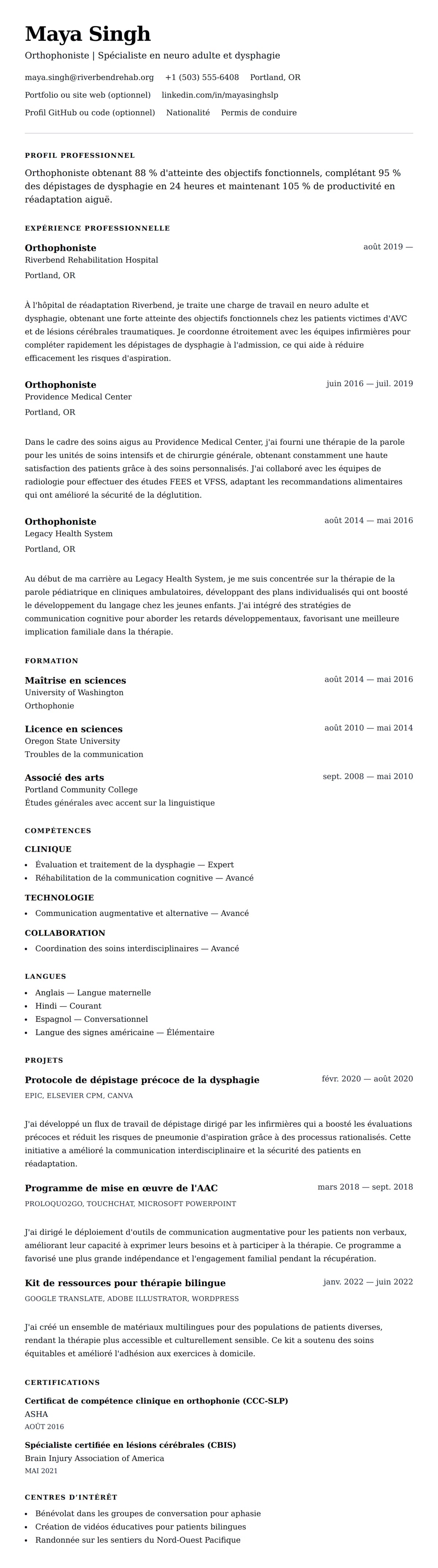 Aperçu du CV Exemple de CV d'orthophoniste (SLP)