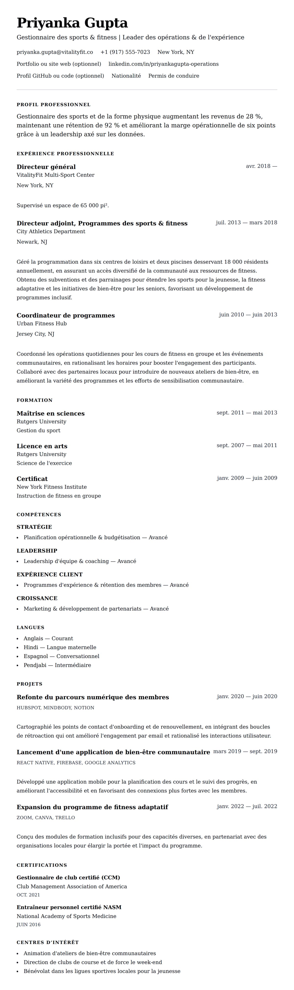 Aperçu du CV Exemple de CV de gestionnaire des sports et de la forme physique