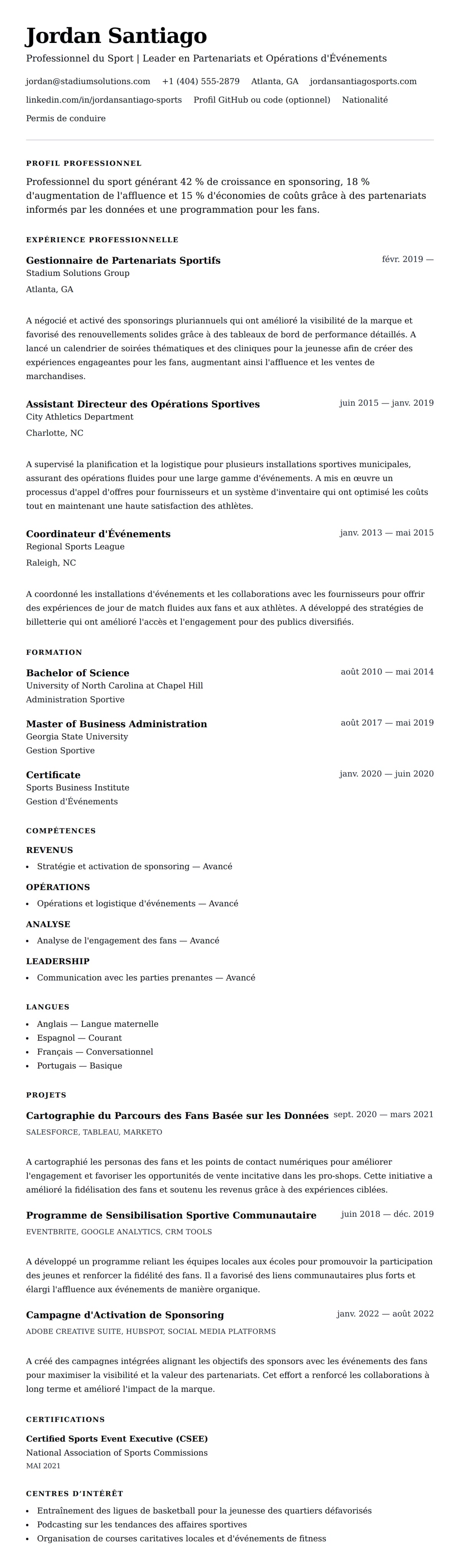 Aperçu du CV Exemple de CV de Professionnel du Sport