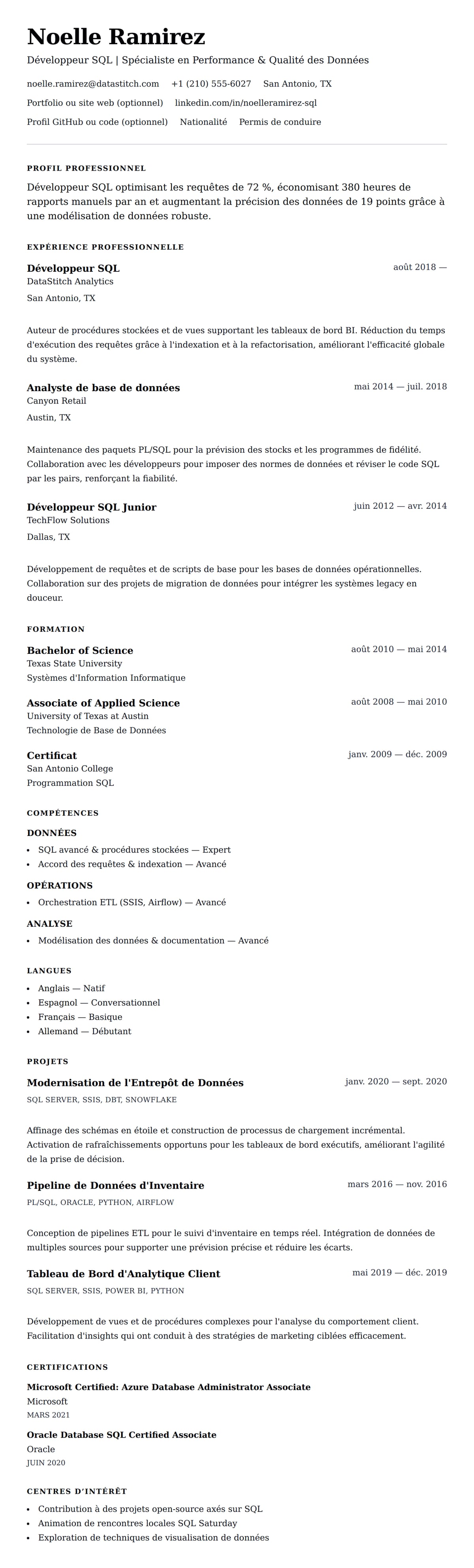 Aperçu du CV Exemple de CV de Développeur SQL