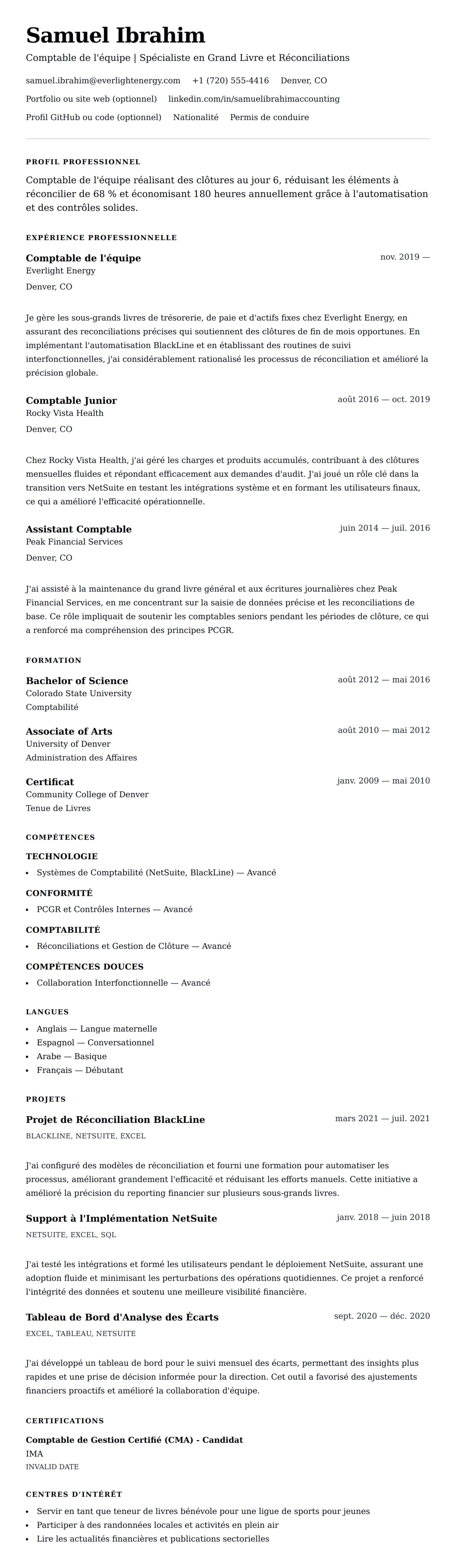 Aperçu du CV Exemple de CV de Comptable de l'équipe