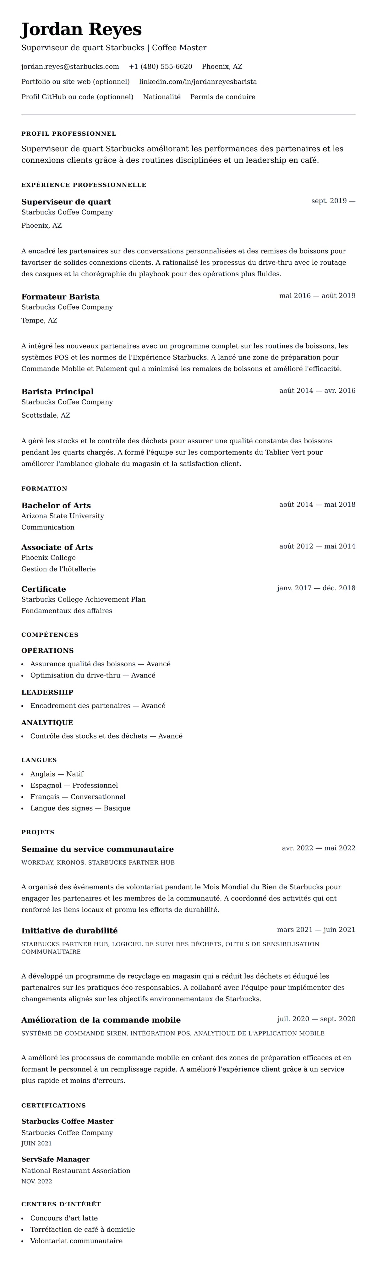 Aperçu du CV Exemple de CV pour Superviseur de quart Starbucks