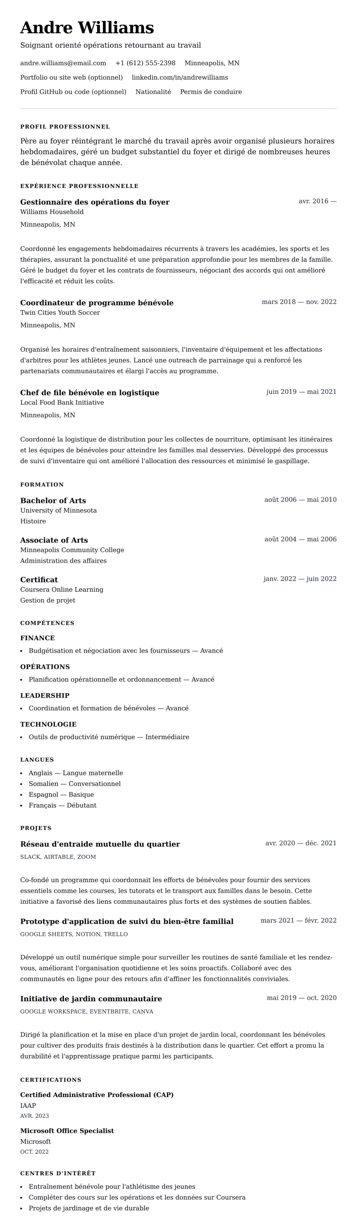 Aperçu du CV Exemple de CV pour père au foyer