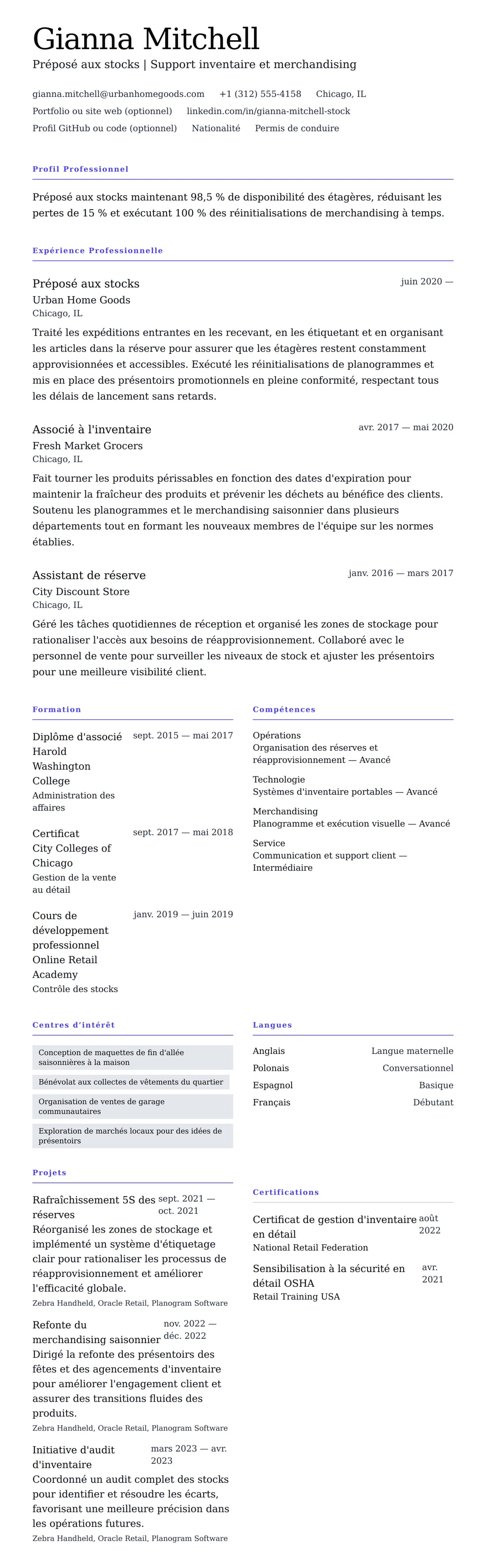 Aperçu du CV Exemple de CV de Préposé aux stocks