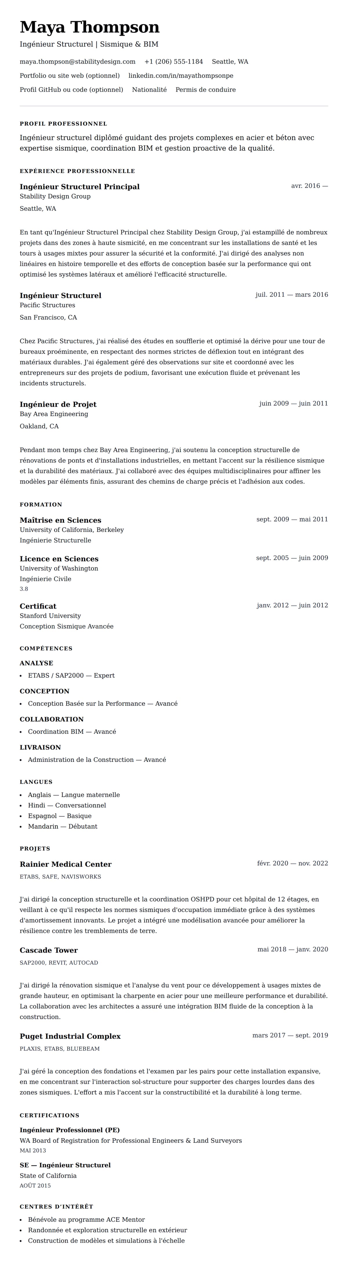 Aperçu du CV Exemple de CV d'Ingénieur Structurel