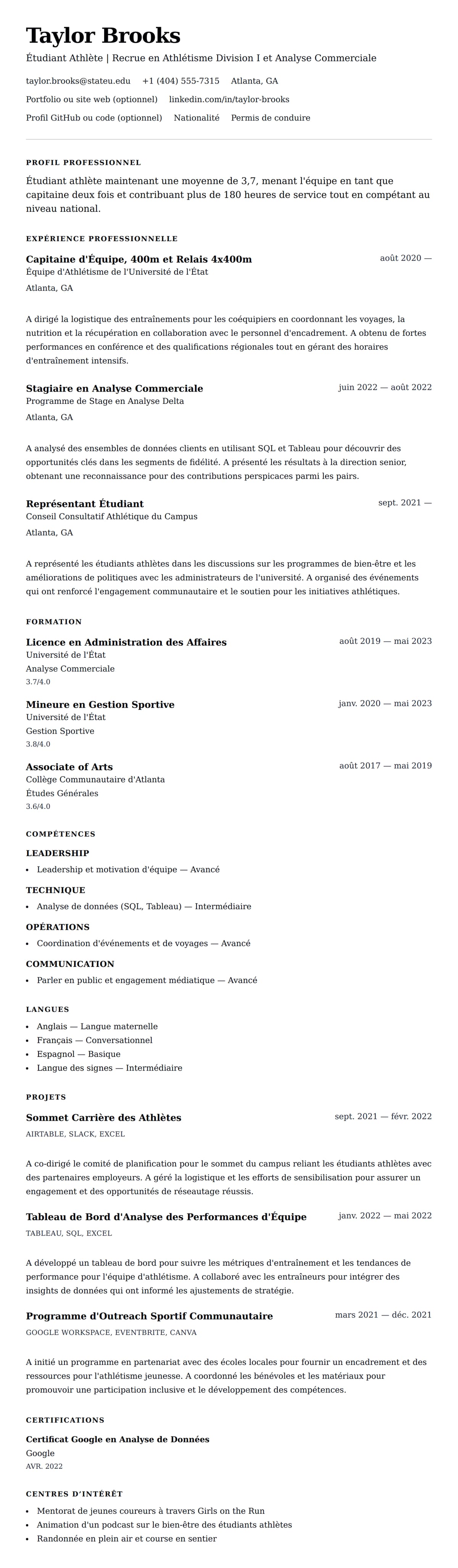 Aperçu du CV Exemple de CV d'Étudiant Athlète