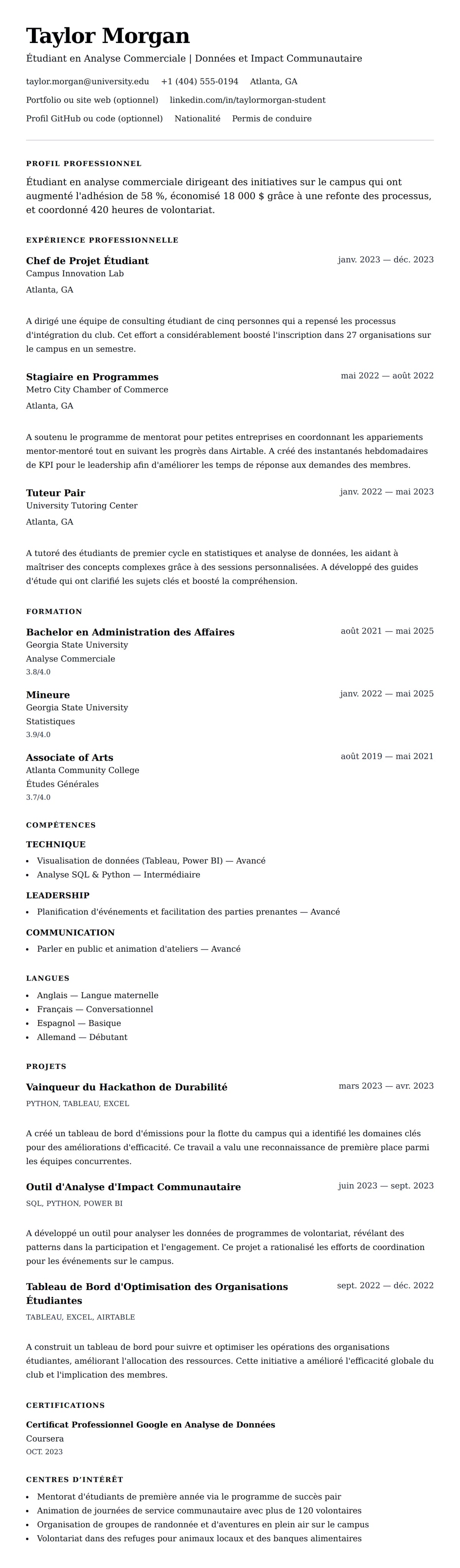 Aperçu du CV Exemple de CV Étudiant