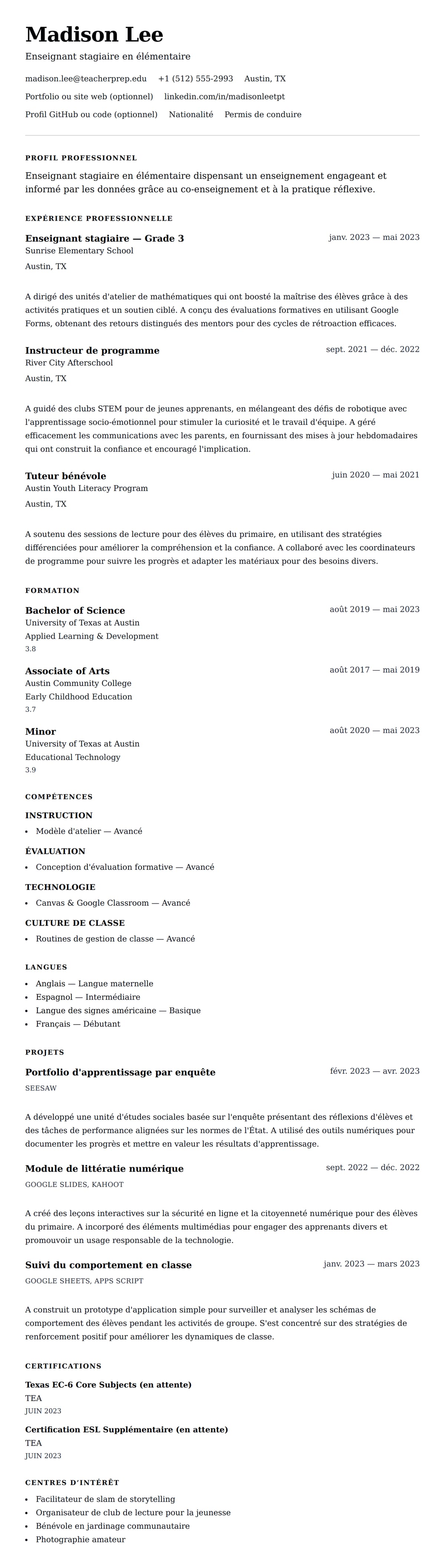 Aperçu du CV Exemple de CV pour enseignant stagiaire