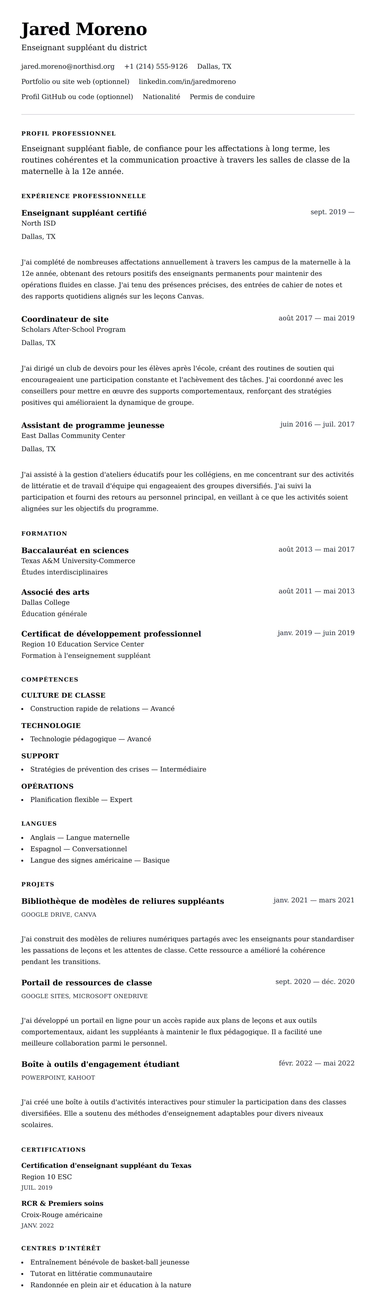 Aperçu du CV Exemple de CV pour enseignant suppléant