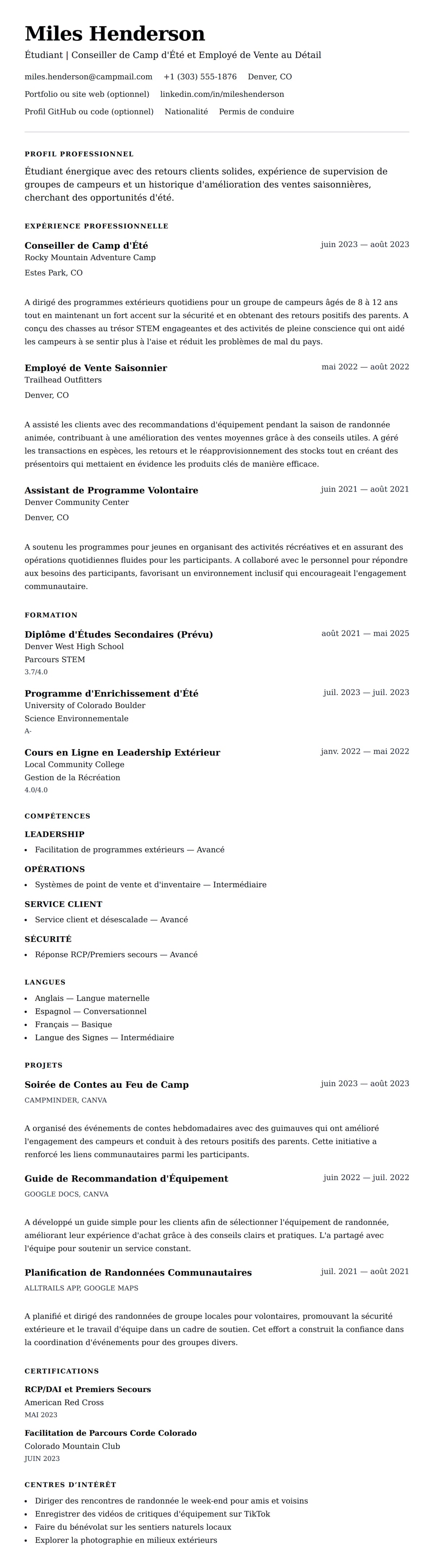 Aperçu du CV Exemple de CV pour Emploi d'Été