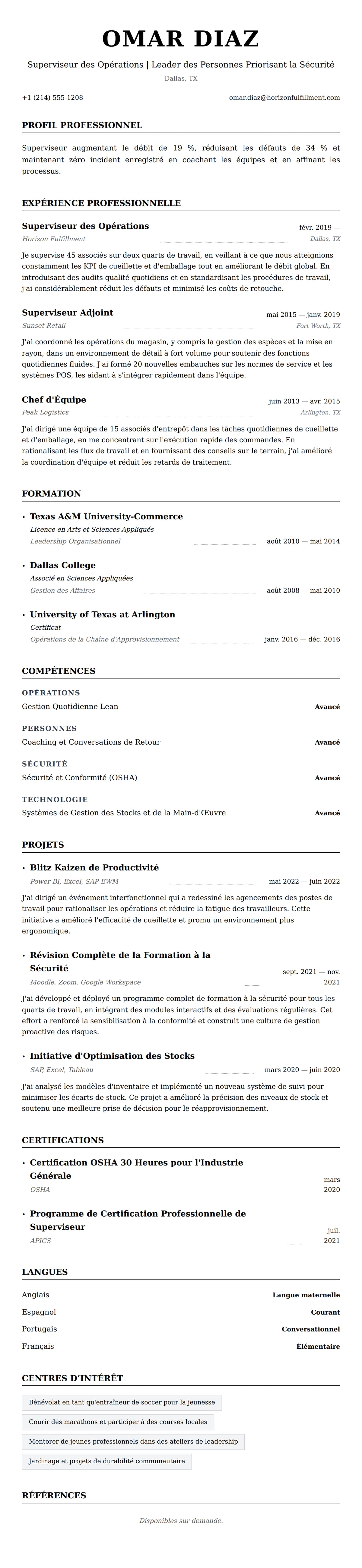 Aperçu du CV Exemple de CV de Superviseur