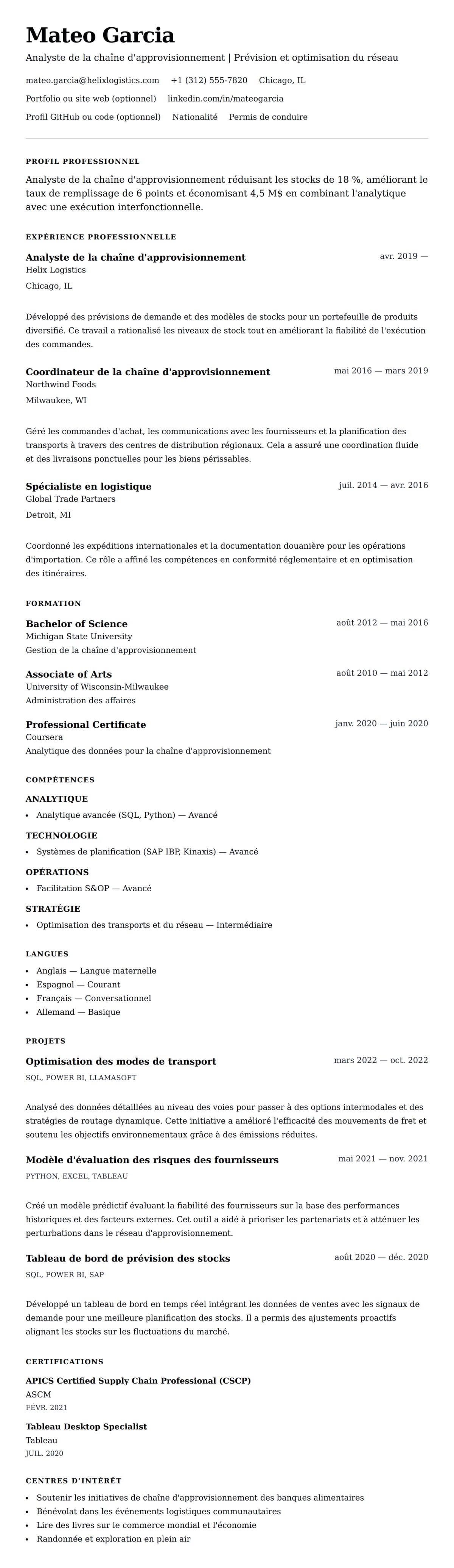 Aperçu du CV Exemple de CV d'Analyste de la chaîne d'approvisionnement
