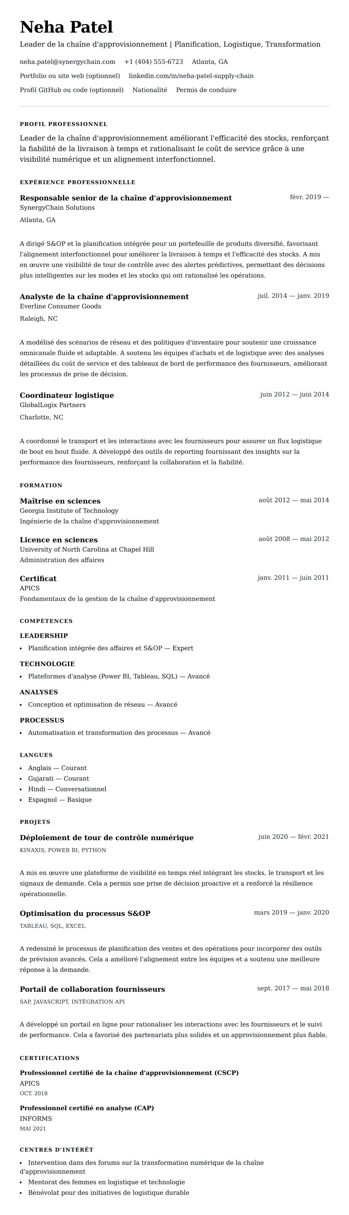 Aperçu du CV Exemple de CV pour un professionnel de la chaîne d'approvisionnement