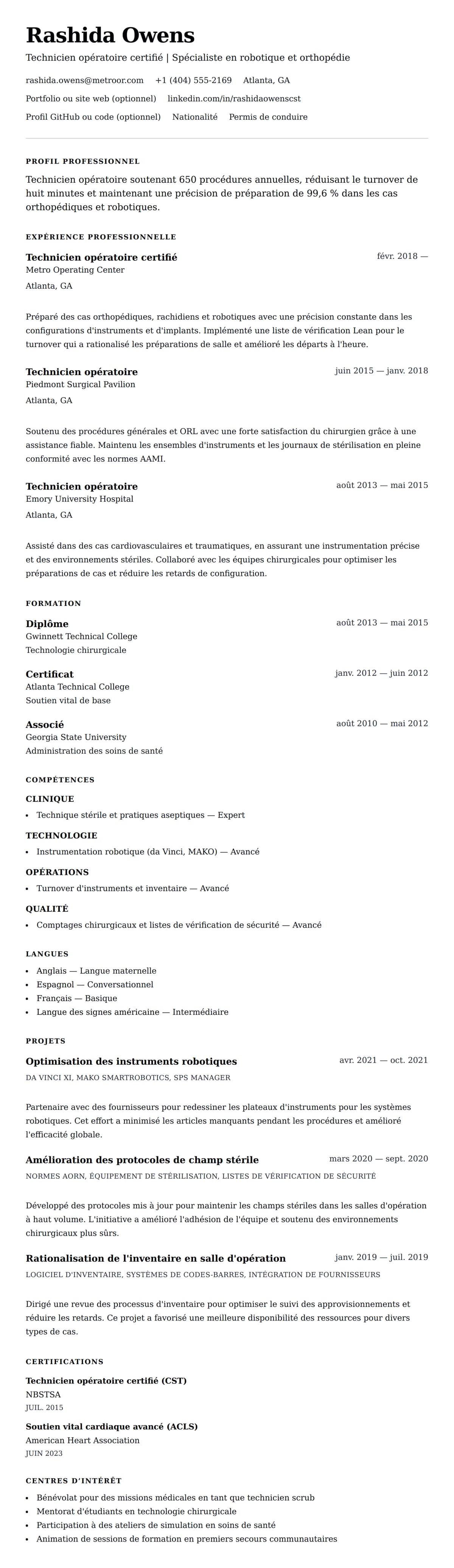 Aperçu du CV Exemple de CV de technicien opératoire