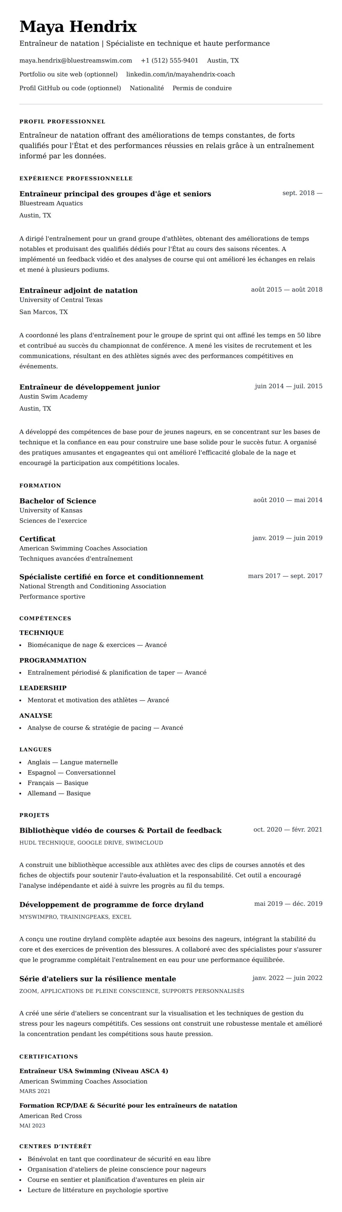 Aperçu du CV Exemple de CV d'Entraîneur de Natation