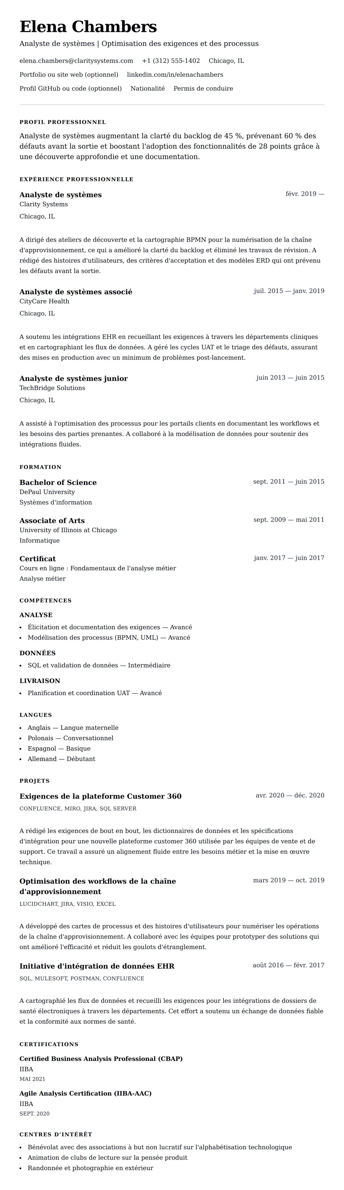 Aperçu du CV Exemple de CV d'Analyste de systèmes
