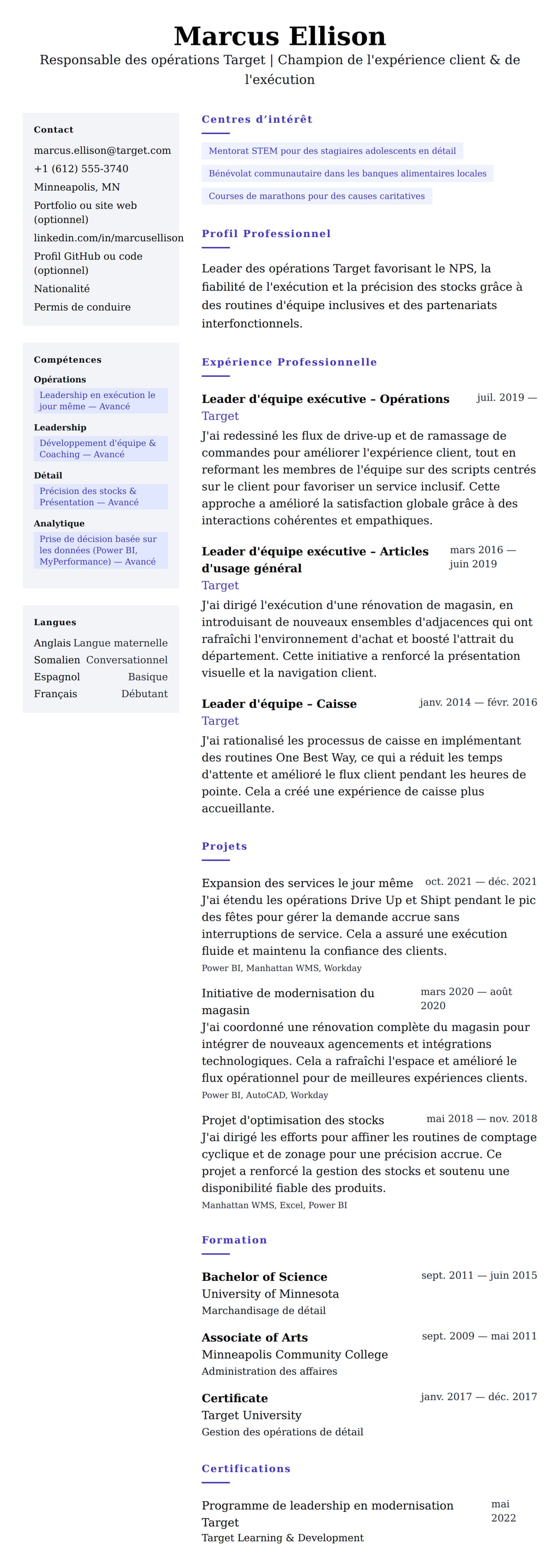 Aperçu du CV Exemple de CV de Responsable des opérations Target