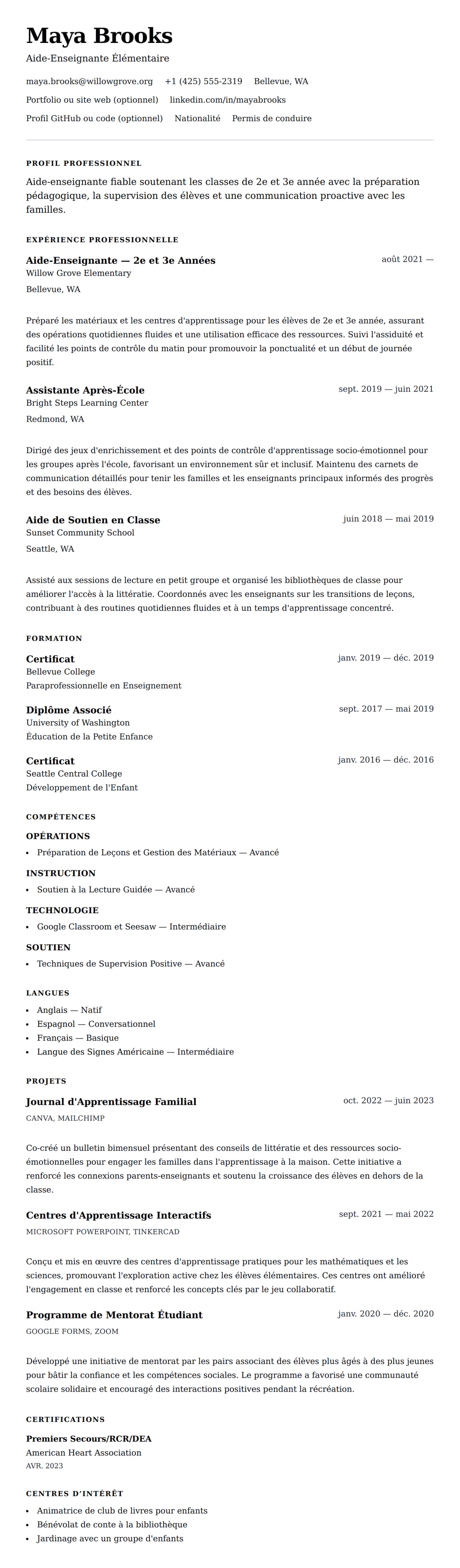 Aperçu du CV Exemple de CV d'Aide-Enseignant
