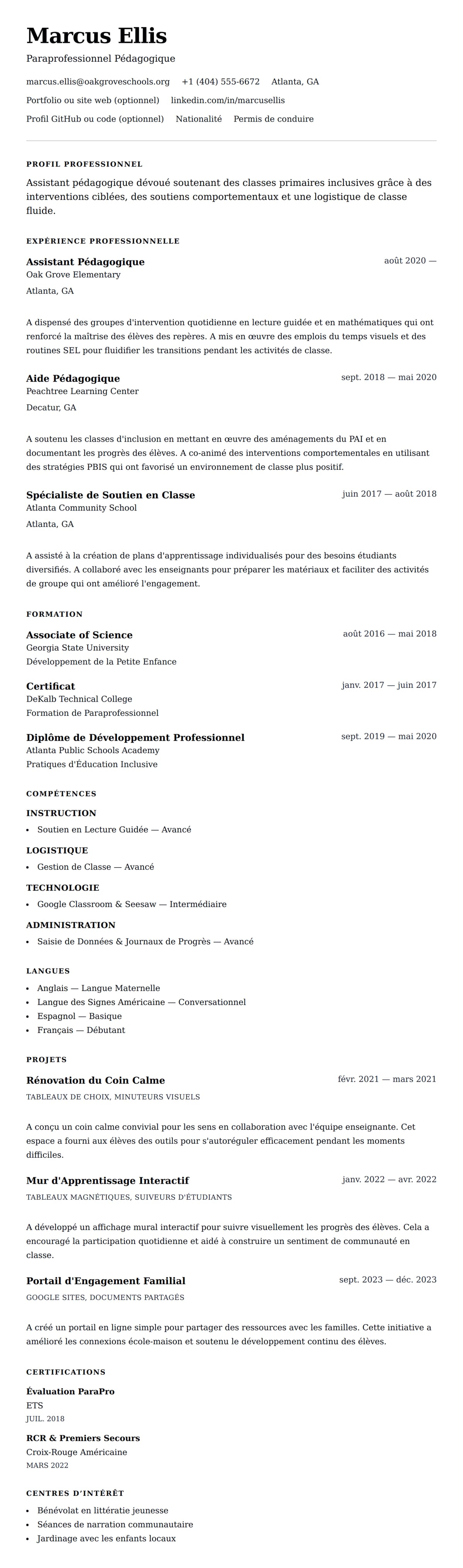 Aperçu du CV Exemple de CV pour Assistant Pédagogique