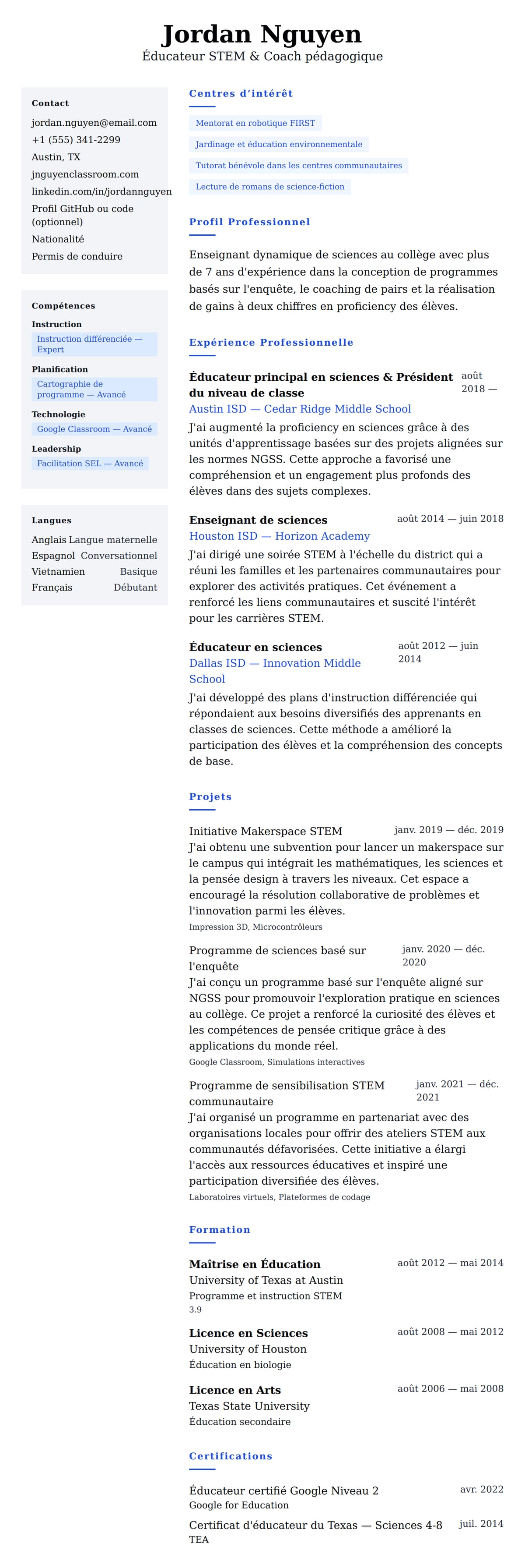 Aperçu du CV Exemple de CV d'Enseignant