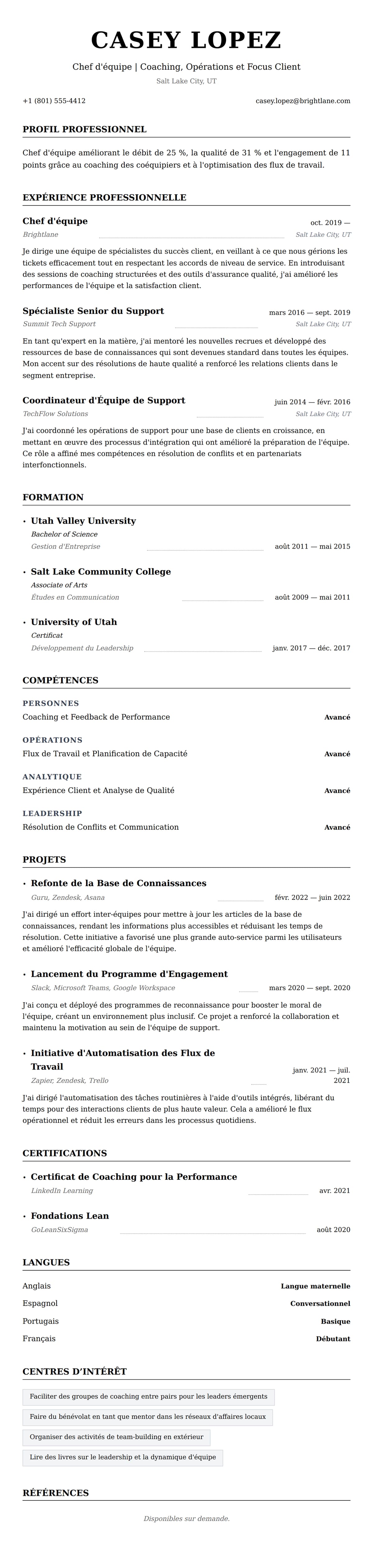 Aperçu du CV Exemple de CV de Chef d'équipe